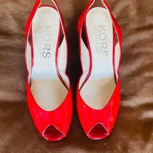 Michael Kors Slingback Wedge Heels Red Patent Leather Peep Toe Sandal 6